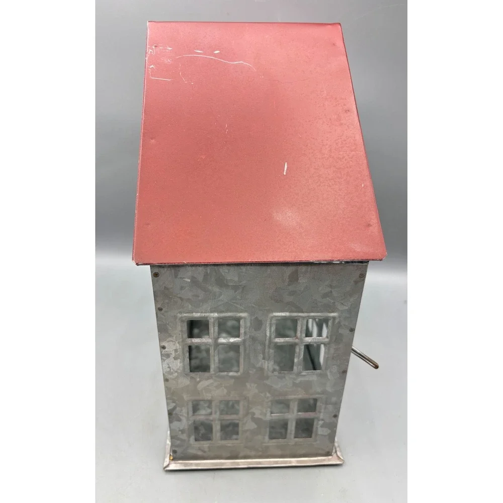Galvanized Metal House Lantern Red Roof Decorative Accent‎